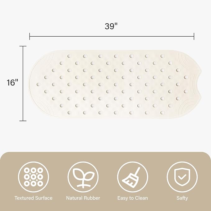 Rubber Bathtub Mat Shower Mat Non-Slip, 39x16 Inch, Bath Tub Floor Mat with Suction Cups and Drainage Holes, Ivory White
