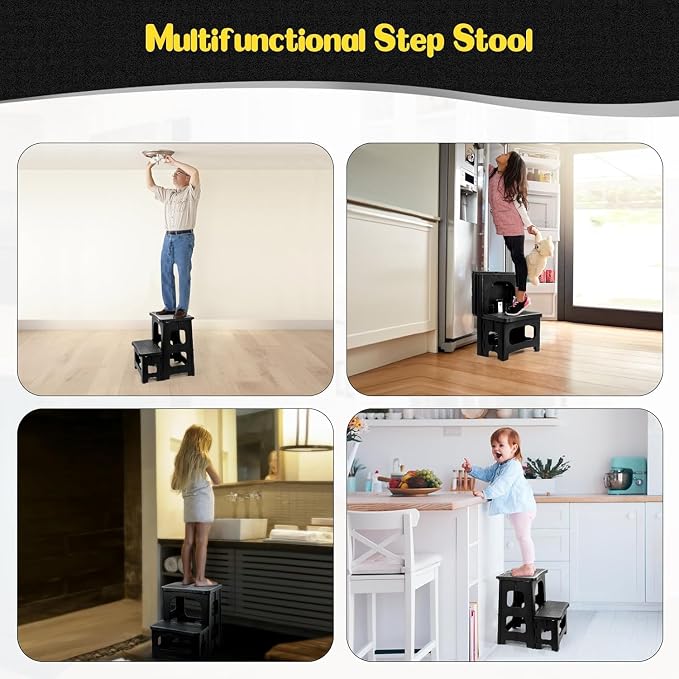 2-Step Stool Foldable, Plastic Steps Stool Folding Step Ladder Two Step Stools Collapsible Step Stools for Adults for Kitchen Home Bathroom RV-Black