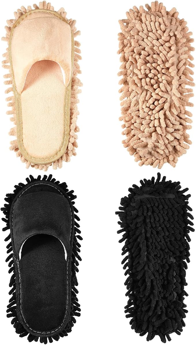 Jecery 2 Pairs Microfiber Cleaning Mop Slippers for Floor Cleaning House Mop Shoes Men and Women Washable Unisex Dusting Slippers Dirt Tool Supplies(Large,Black, Beige)