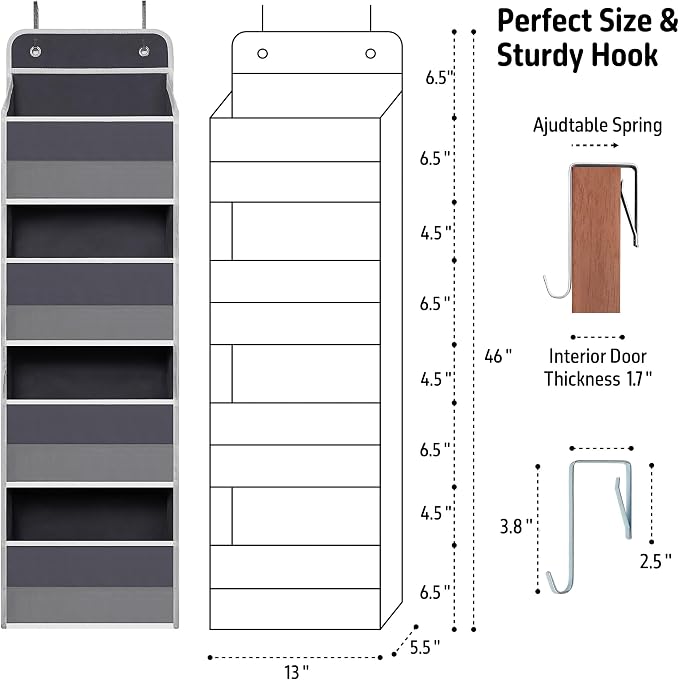 Giraffe Creation Compact Gray Over Door Organizer with 4 Large Clear Pockets, Compact Hanging Door Storage for Closet, Bathroom, Bedroom, Dorm, Nursery Essentials