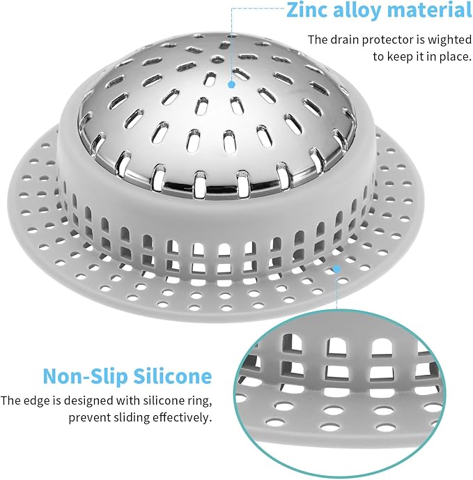Aluvor Bathtub Drain Hair Catcher Shower Drain Cover Sink Drain Protector for Pop-Up & Regular Drains, Silver Grey