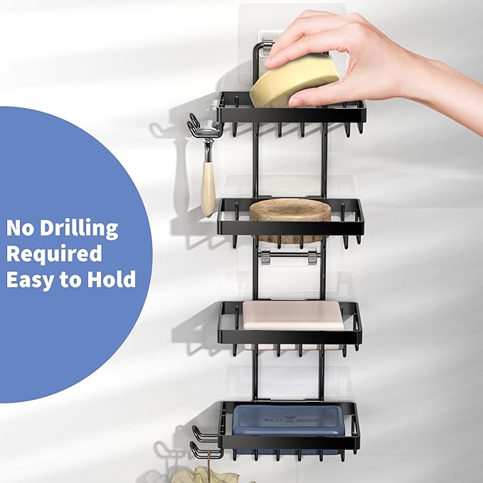 Moforoco 4 Tier Soap Bar Holder for Shower, No Drilling, 304 Stainless Steel, Wall Mounted Soap Holder with 4 Hooks and Razor Holder, Shower Rack Soap Tray Bar Soap for Bathroom Accessories Organizer