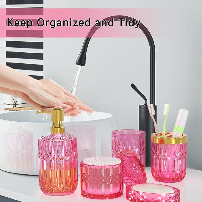 Hot-Pink Glass Bathroom Accessories Set 5 Pcs, Hot-Pink Bathroom Set, Soap Dispenser and Toothbrush Holder Set, Qtip Holder Set, Vintage Bathroom Sink Set, Cute Bathroom Decor