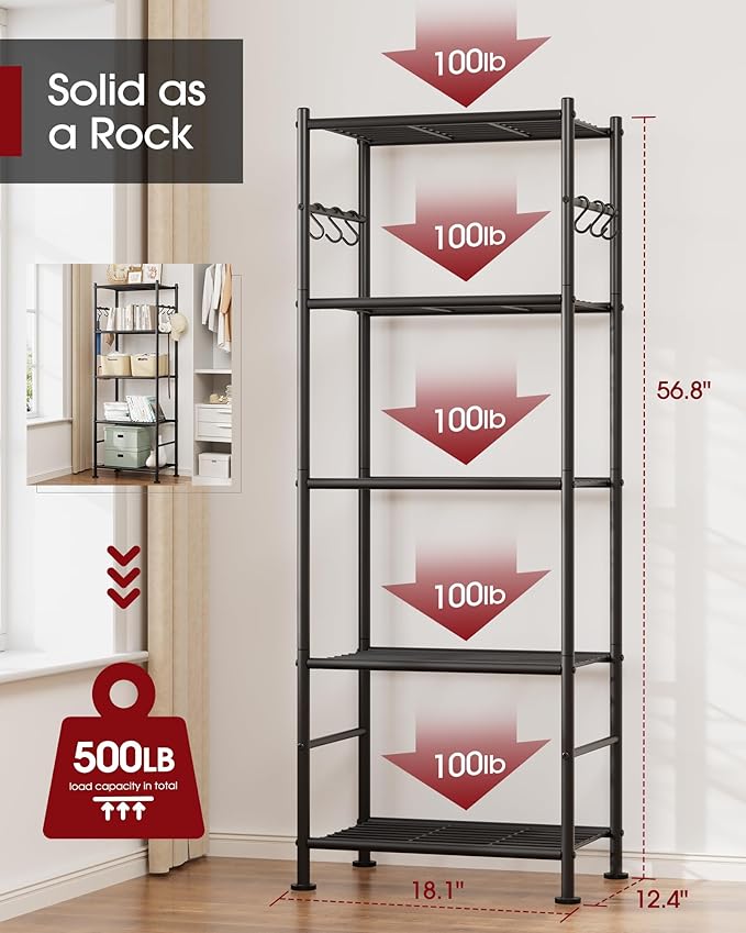 Sakugi Storage Shelves - 5-Tier Large Capacity Shelf Organizer with Hooks, Heavy-Duty Garage Shelving with Leveling Feet, Wobble-Free Rack for Bedroom, Balcony, Garage, 18.1"×12.4"×56.8", Black
