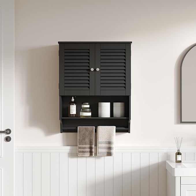 ChooChoo Bathroom Wall Cabinet with Towels Bar, 23.6" L x 8.8" W x 29.5" H MDF Material Medicine Cabinet, 2 Doors Over The Toilet Space Saver Storage Cabinet with Large Space, Black
