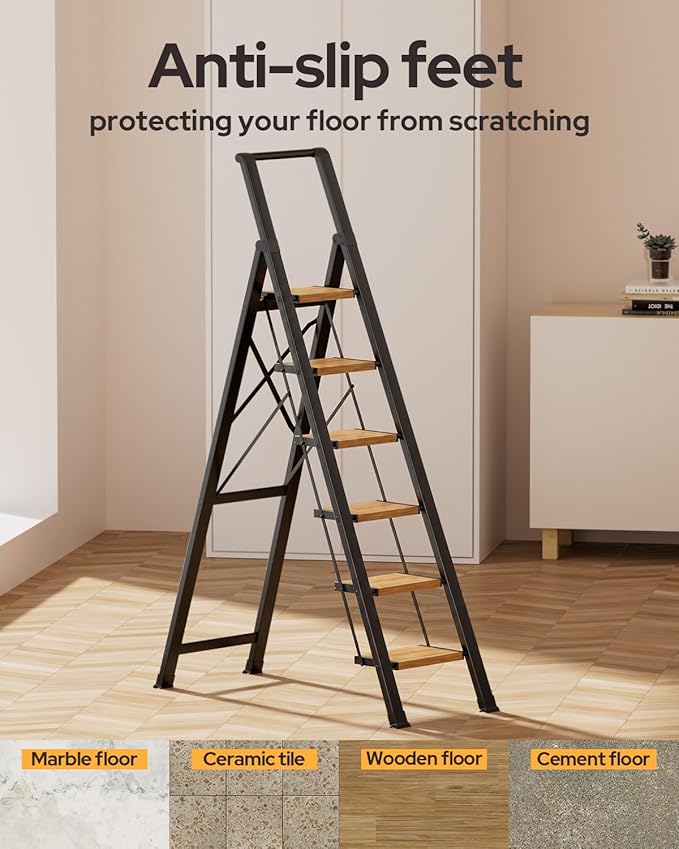 6 Step Ladder for 12 Feet High Ceiling, Lightweight Aluminum Folding Step Stool with Convenient Handgrip, Stepladders with Anti-Slip and Wide Pedal for Home Use Space Saving - Black+Woodgrain