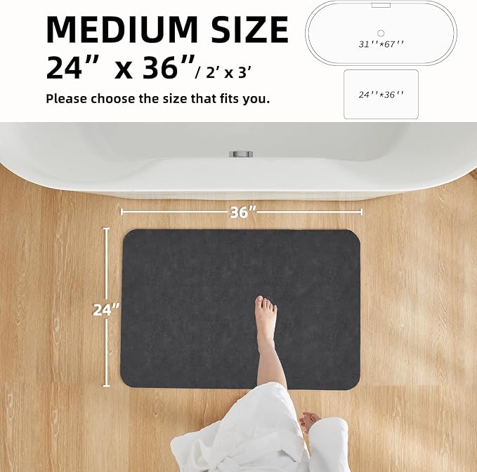 TYUU Bath Mat, Bathroom Rugs Non Slip Washable Thin Absorbent Quick Dry Bath Mat Fits Under Door Bathroom Floor Mat Perfect for Bath, Shower, or Sink 24"x36" Dark Grey