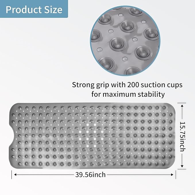 Bath Tub Shower Mat,Non Slip Machine Washable Bathroom Mat,Suction Cups and Drain Holes for Easy Cleaning,39.56 X 15.75 Inches(Grey)