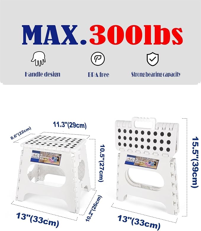 ACKO 2PACK Folding Step Stool - 11" Height Premium Heavy Duty Foldable Stool for Kids and Adults, Plastic Stepping Stool for Kitchen Bathroom, White