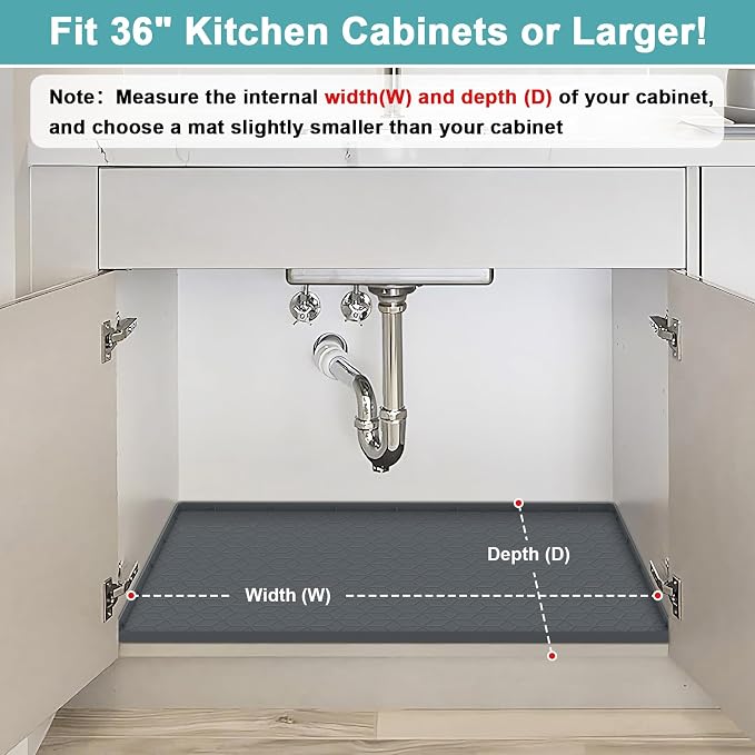 Under Sink Waterproof Mat for Kitchen 34" x 22", Silicone Under Kitchen Sink Mats and Protectors for Cabinets, Under Sink Tray Liner, Cabinet Mat for Kitchen Multipurpose Pet Mats, Rhombic Gray