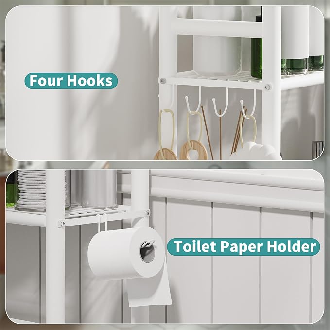 3-Tier Over The Toilet Storage Organizer, Space-Saving Bathroom Rack with Paper Holder & 4 Hooks, 64" Tall Freestanding Carbon Steel Shelf for Small Apartment Laundry Room (White)