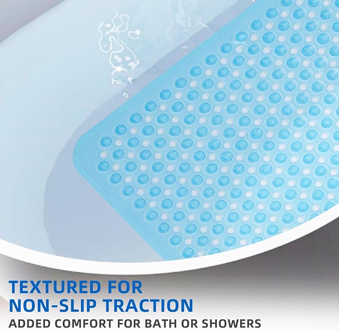 MOONFLY Shower and Bathtub Mat,40x16 Inches,Extra Long Non Slip Mats with Suction Cups and Drain Holes, Machine Washable and Anti Slip Bathmats, Bathroom Mats for Tub Nonslip (Clear Blue)