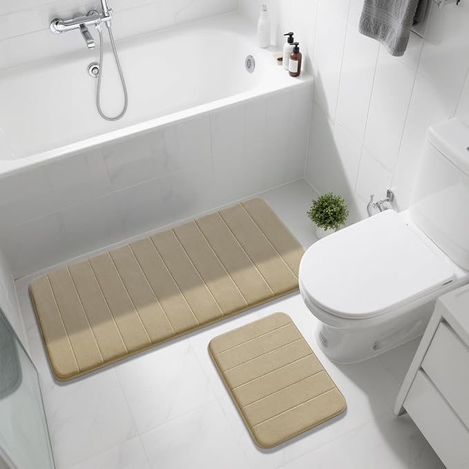 Yimobra Large Bath Mat Set 2 Piece- Super Soft Absorbent Quick Dry Memory Foam Bathroom Rugs, Machine Washable Non Slip Floor Carpet for Tub Shower & Double Vanity (17x24 & 44x24, Pale Khaki)