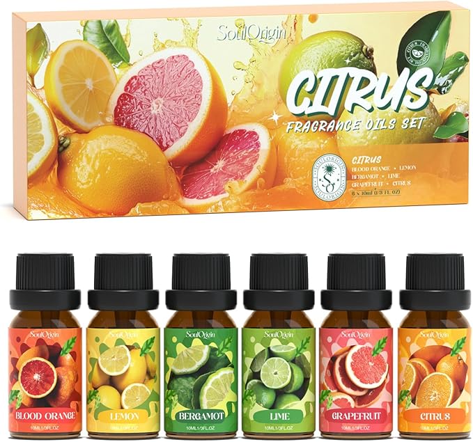 Soulorigin Citrus Essential Oils Set, Fragrance Oil Set for Diffuser, Scent Diffuser Oil for Candle Making- Blood Orange, Lemon, Bergamot, Lime, Grapefruit, Citrus