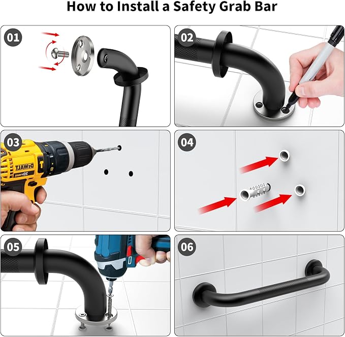 Black Grab Bar 12 Inch, iHansee Anti-Slip Bathroom Grab Bar w/Knurled Grip, Stainless Steel Safety Handrail for Toilet, Bathtub, Shower for Senior Elderly, Wall Mounted Matte Black Handicap Bars