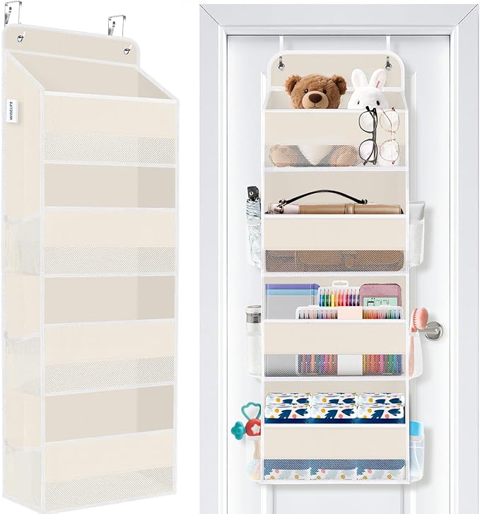 WISELIFE Over The Door Organizer Storage 4 Shelves Large Capacity Hanging Bedroom Storage Solution with 6 Side Pockets for Dorm Bathroom Pantry Nursery and Baby Essentials Holds up to 40 Lbs (Beige)