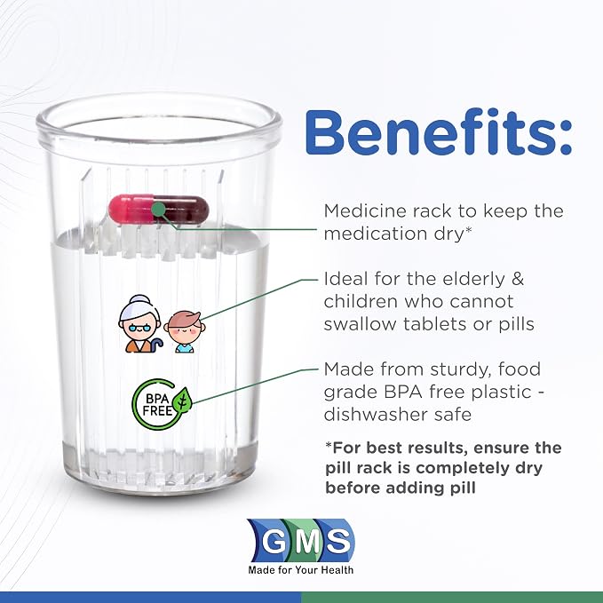 GMS Group Medical Supply, LLC Pill Taker Cup - Makes Swallowing Medium to Large Tablets & Pills Easy - Simply Drink Medicines Along with Water - Small Sized Cup Ideal for Kids, Adults & Seniors