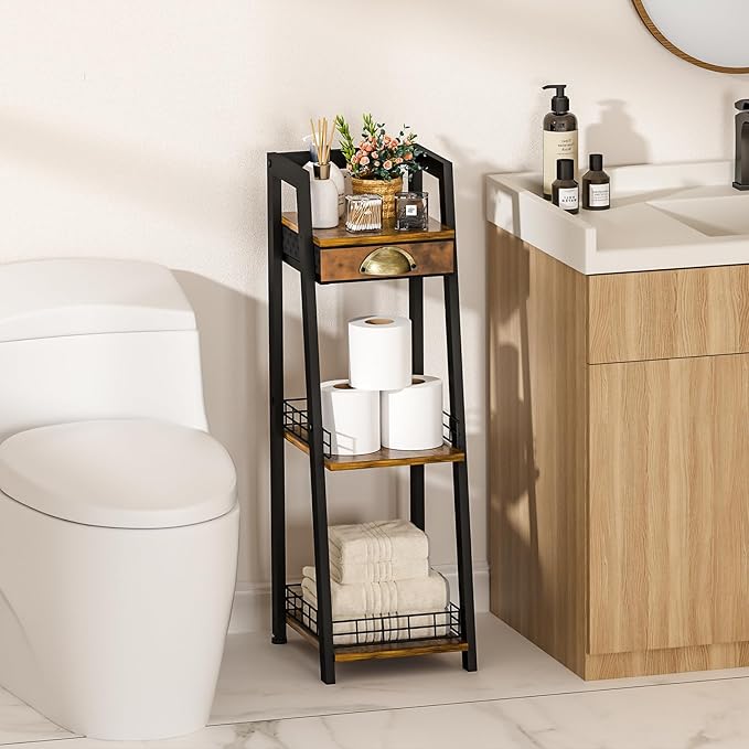 keomaisyto 3-Tier Narrow Bathroom Shelves with Drawer, Bathroom Organizers and Storage, Open Floor Ladder Shelf, Freestanding Tower Slim Standing Unit for Small Spaces - Rustic Brown
