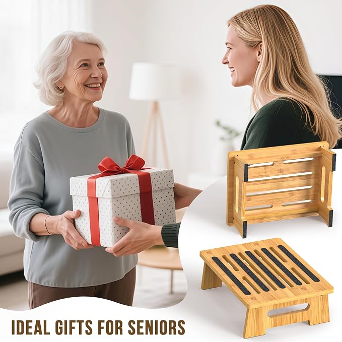 One Step Stool for Adults Seniors and Kids with Non-Slip Surface, Natural Bamboo Stepping Stools for High Bed, Bathroom and Kitchen, Hold Up to 450 LBS, Lightweight, Waterproof, Easy to Install
