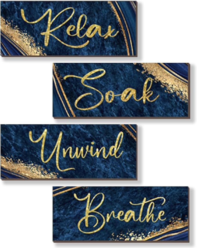 ONIZHITY 4 Pcs Blue and Gold Bathroom Decor Navy Blue Gold Wall Decor Relax Soak Unwind Breathe Wooden Rustic Marble Style Versatile Bathroom Accessories for Bedroom Living Room Decor(10X4)