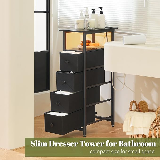 Yoobure LED Narrow Nightstand with Charging Station - Slim Dresser for Bedroom Narrow Side Table Storage Cabinet, Small Dressers Chest of Drawers, Tall Skinny Night Stand End Table for Small Spaces