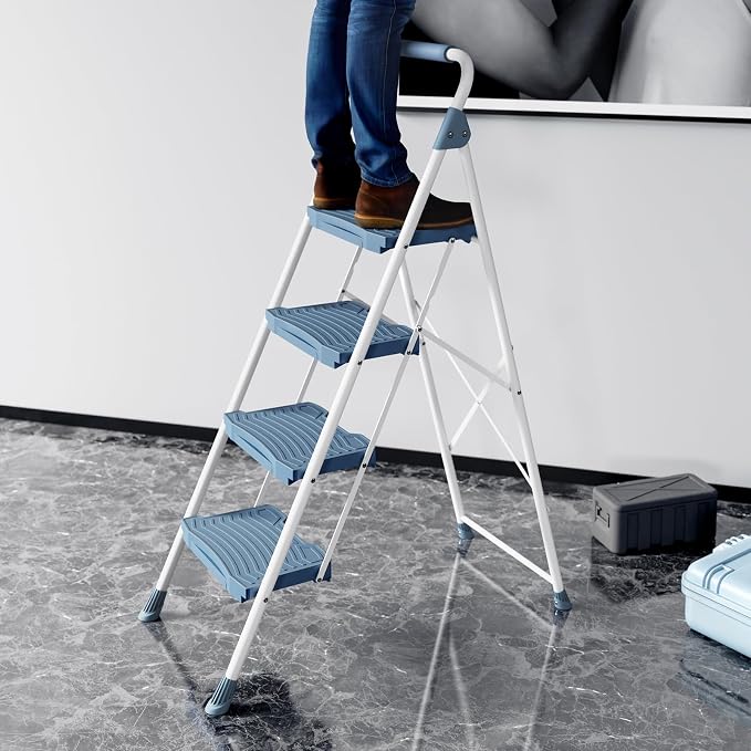 KINGRACK 4 Step Ladder, Sturdy Step Stool with Handrail, Anti-Slip Wide Pedals, Foldable Step Stool for Home, Garage, Garden, Blue, Safety Locking, Pass 900LBS Testing