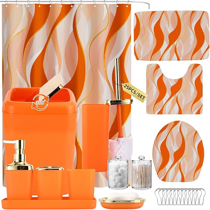 XLHOMO Bathroom Set - Orange and Gold Bathroom Accessories, Bathroom Sets with Shower Curtain and Rugs, Orange Shower Curtain Set with Bathroom Trash Can, Soap Dispenser, Soap Dish for Home Decor