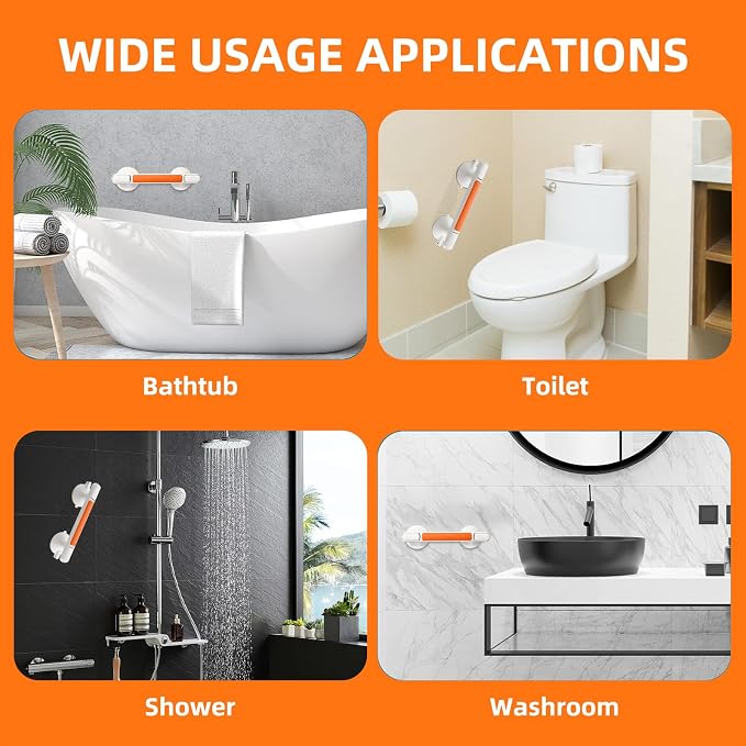 Grab Bar for Bathtubs and Showers, Zynuhmo 12'' Suction Safety Grab Bar with 1PCS Bath Ball Suction Cup Shower Handles No Drilling Handrails for Seniors Elderly Kids Bathroom Assist Support(Orange)