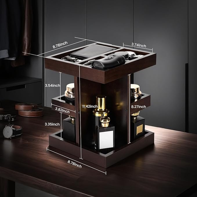 EXIN DECHEN Cologne Organizer for Men,Cologne Stand,3 Tier Wooden Perfume Shelf with Rotate,Desk Organizer,Gift for Dad From Wife,Husband Boyfriend Birthday Gift Ideas,Fathers Day Gift for Men