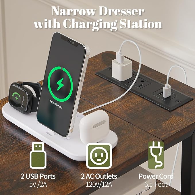 Yoobure LED Narrow Nightstand with Charging Station - Slim Dresser for Bedroom Narrow Side Table Storage Cabinet, Small Dressers Chest of Drawers, Tall Skinny Night Stand End Table for Small Spaces
