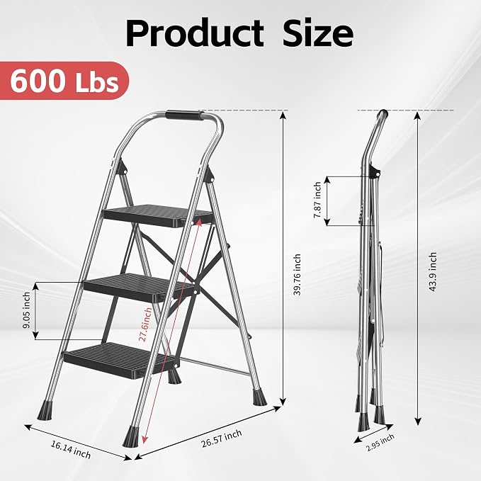 DIAMONDFORGE 3 Step Ladder Foldable Folding Stool - for Home Adults Kitchen, Iron, Black, Extension Tall Heavy Duty with Handrails - Closet Stepstool Extendable Stepladder for Indoor House 600 lbs