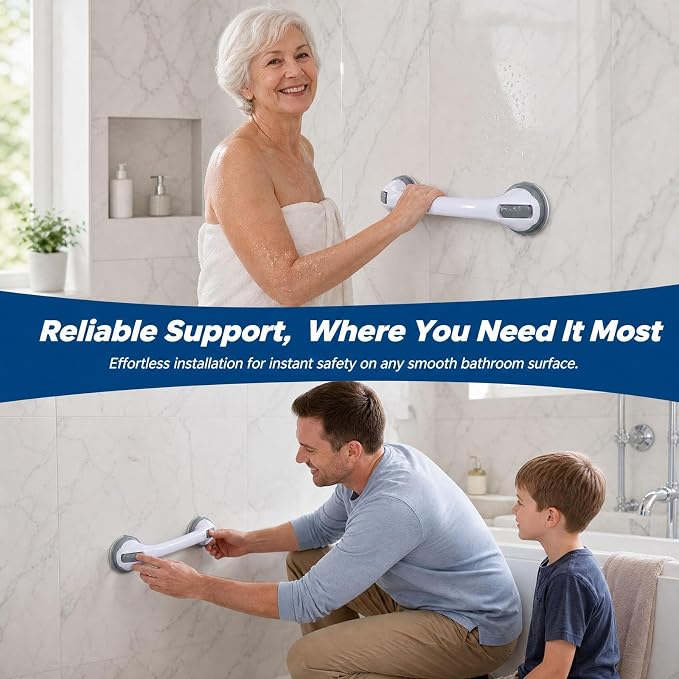Grab Bars for Showers and Bathtubs 2 Pack, Yenisyea Suction Cup Shower Handles for Elderly and Seniors, Heavy Duty Shower Safety Bars for Bathroom Removable No Drill, 12 Inch