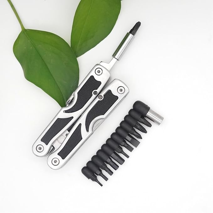 PLB027 stainless steel multi-function plier. 27 functions with knife, fish scaler, screwdrivers, can and bottle opener, 11 bits and 1 socket. Hand size and easy to carry and use indoor, outdoor