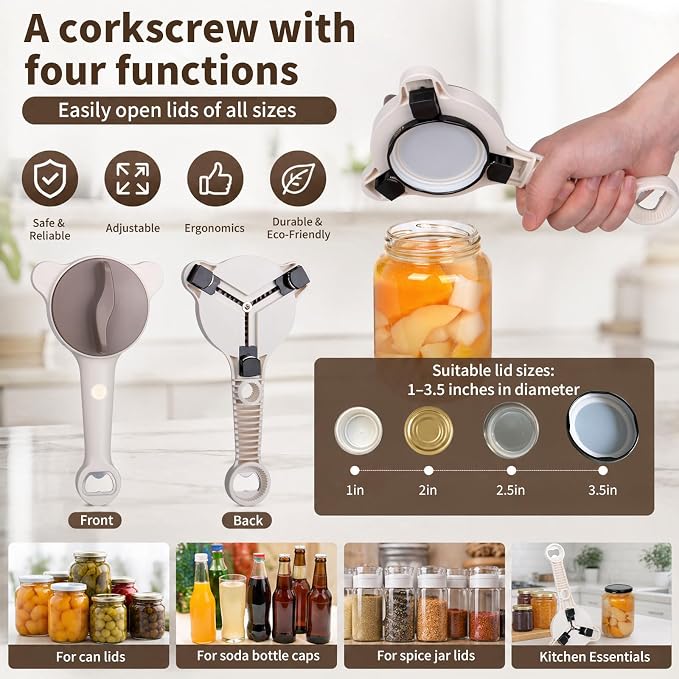 4 in 1 Multi-Purpose Jar Opener,Magnetic Stainless Steel Can Opener with Ergonomic Handle,Home Kitchen Helper,Multi Size Lid Tool for Jars Cans Wine Bottles