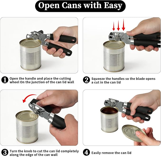 Can Opener Manual, Hand Heavy Duty Stainless Steel Bottle Opener Comfortable Handle, Sharp Blade Smooth Edge, Multifunctional Kitchen Tool, Black
