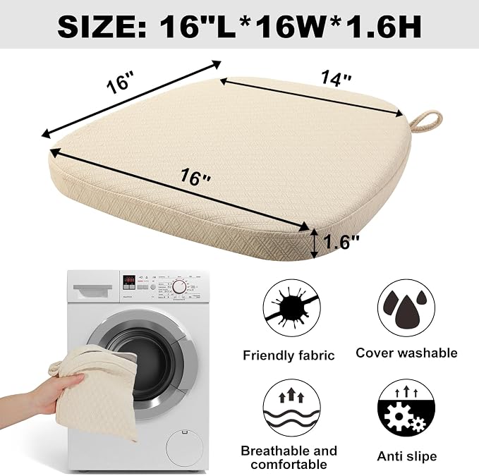 BUYUE Luxury 100% Pure Memory Foam Chair Cushions 4 Pack, Jacquard 16" U-Shape Comfortable Dining Chair Pads, Removable Slip Resistant Kitchen Chair Seat Cushions, (Set of 4, Beige)