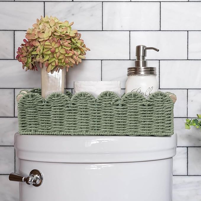 CubesLand Toilet Paper Storage Basket Scalloped Edge Home Decor Green Basket, Living Room Cozy Decor, Paper Rope Small Baskets for Over Toilet Storage Shelf, End Table, Shelves, with 2 Wooden Handles