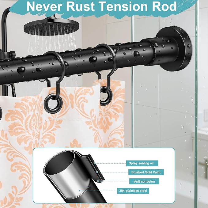 YNL Black Shower Curtain Rod 32-64 Inch(2.7-5.33ft), Non-Slip, Never Rust, Stainless Steel No Drill Spring Tension Shower Rod, Adjustable Curtain Rod for Small Window Doorway Closet