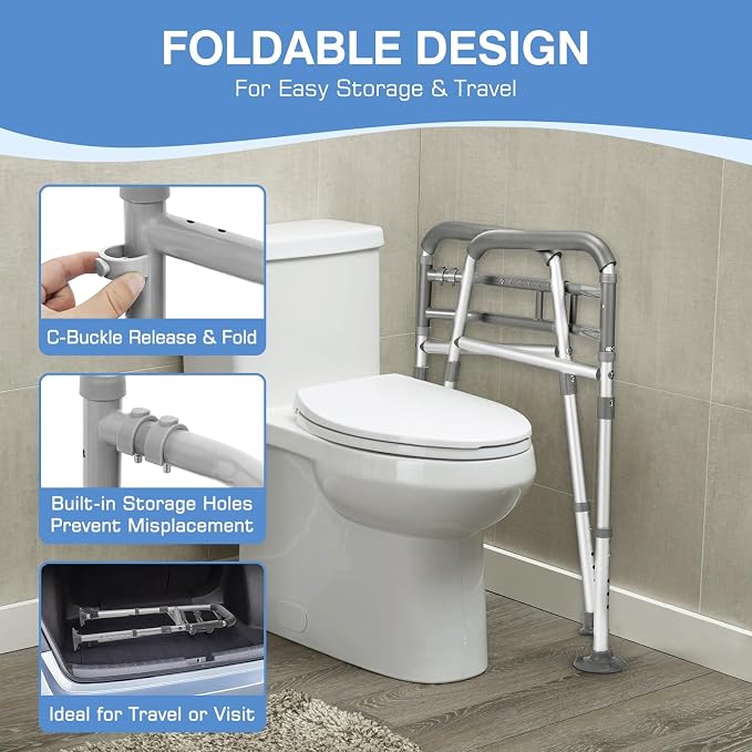 Toilet Safety Rails for Seniors, Adjustable Height & Width Medical Stand Assist, Heavy Duty Handicap Toilet Frame with Suction Cups & Handles, Universal Fit Bathroom Assistive Device