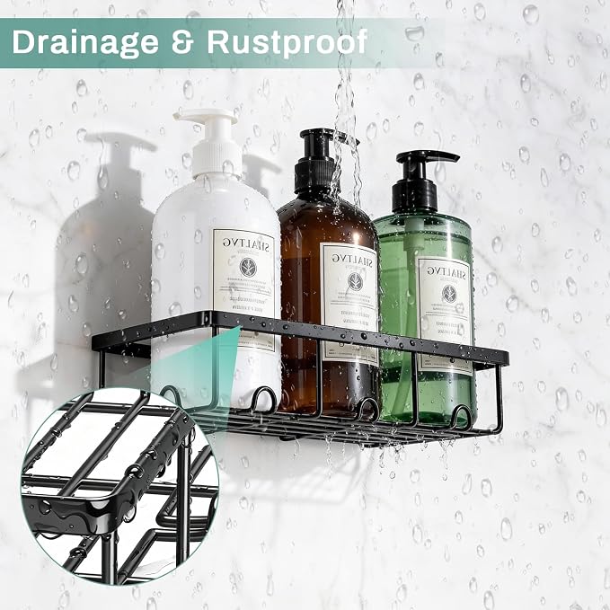 Shower Shelves for Inside Shower, 2 Pack Adhesive Bathroom Caddy Organizer Basket Rack for Storage and Organization, Wall Suction Bath Bathtub Shampoo Holder Set for RV Camper, Black