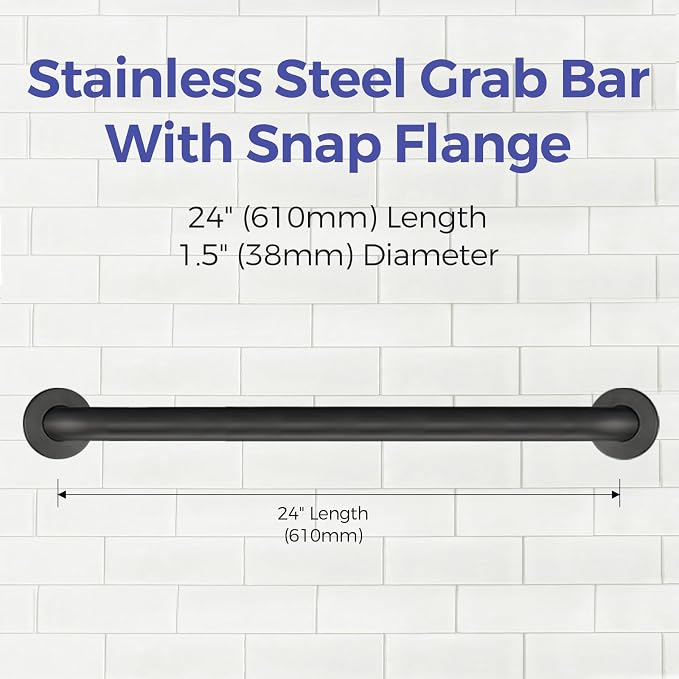 Stardrix 24-Inch ADA Compliant Grab Bar, 1.5" Diameter, Concealed Mounting Flanges, Handicap Friendly, Commercial & Residential Bathrooms, Matte Black Stainless Steel