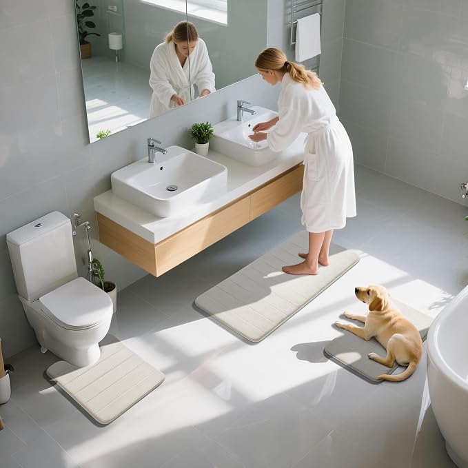 Yimobra 3 Pieces Memory Foam Bath Mat Set with U-Shaped Toilet Rug - Non Slip Super Soft Absorbent Quick Dry Bathroom Rugs for Bathtub, Vanity & Toilet Base, Cream White