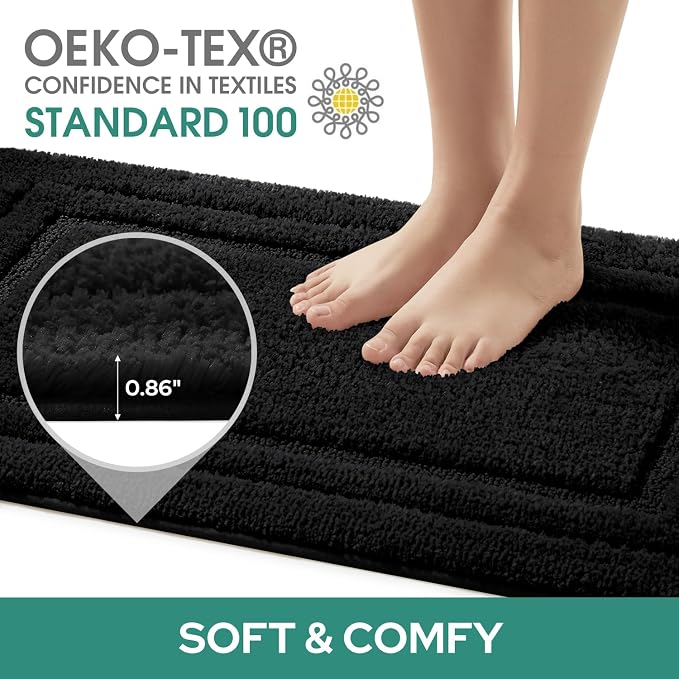 HOMEIDEAS Bathroom Rugs Sets 2 Piece, Super Soft and Absorbent Non Slip Microfiber U-Shaped Toilet Bath Mat Set (20"x32"+U20 x24, Black)