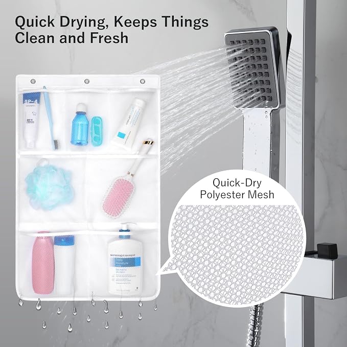 F-color Cruise Essentials 2026 - Mesh Shower Organizer Hanging with 7 Pockets for RV Gym Camping, Quick-Dry Portable Toiletry Bag with Metal Hooks for Bathroom Travel Toiletries, White