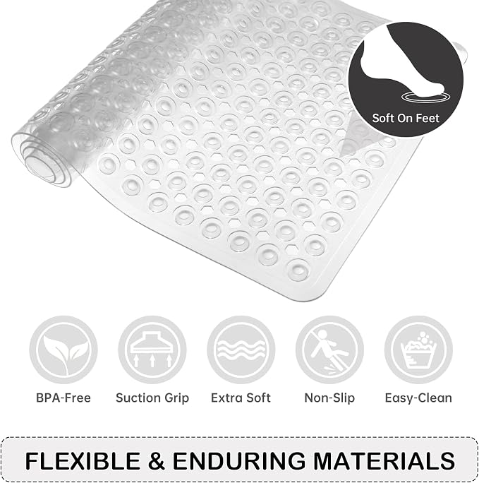 Non-Slip Bathtub and Shower Mats, Power Grip Bath Mat 35 x 16.3 Inch with Suction Cups and Drain Holes for Tub Bathroom Floor Safety, Machine Washable Soft Bathmat, Clear
