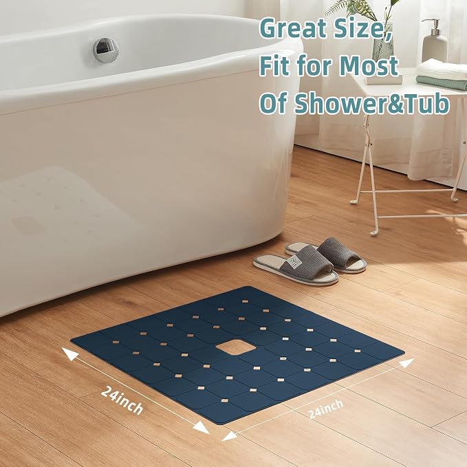 Shower Mat Non Slip Silicone Soft Odorless Bathtub Mat Non Slip No Suction Cups for Refinished,Reglazed and Textured Bath Tub Mat 24 X 24 Inch Navy