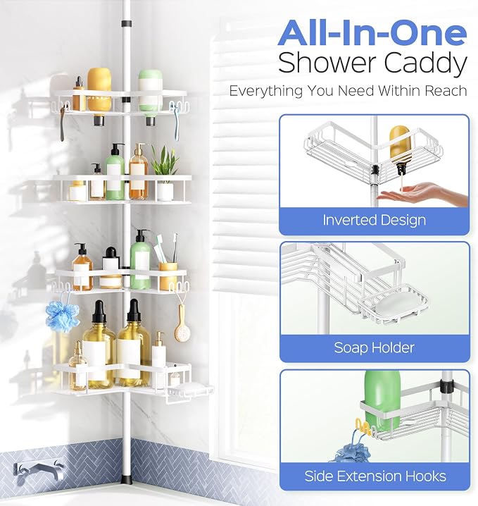 HAMITOR Shower Caddy Tension Pole: 4-Tier Corner Bathroom Organizer Shelf with Soap Holder & Hooks - No-Drill Adjustable Storage Rack for Apartment Renters - 47-123 Inch White