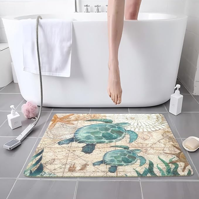 Sea Turtle Shower Mats for Inside Shower, Square Non Slip Bath Mat Cute Shower Matt for Bathroom Floor Easy Cleaning Loofah Bathmat, Quick Drying Textured Surface Shower Foot Scrubber Mat, 24″X24″