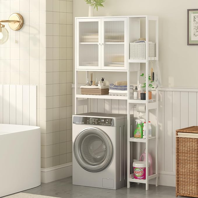 Over the Toilet Storage Cabinet Above Toilet Bathroom Organizer with Toilet Paper Holder Stand Bath Organizer with Adjustable Shelves & Acrylic Doors,Anti-Tip Device (White)
