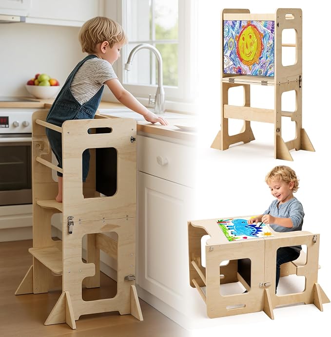 labebe Toddler Standing Tower for 12M+, Montessori Foldable Learning Standing Tower with Blackboard, Anti-tip Structure Design,Wooden Kitchen Step Helper Stool for 1-3 Year Old Boy Girl Gift